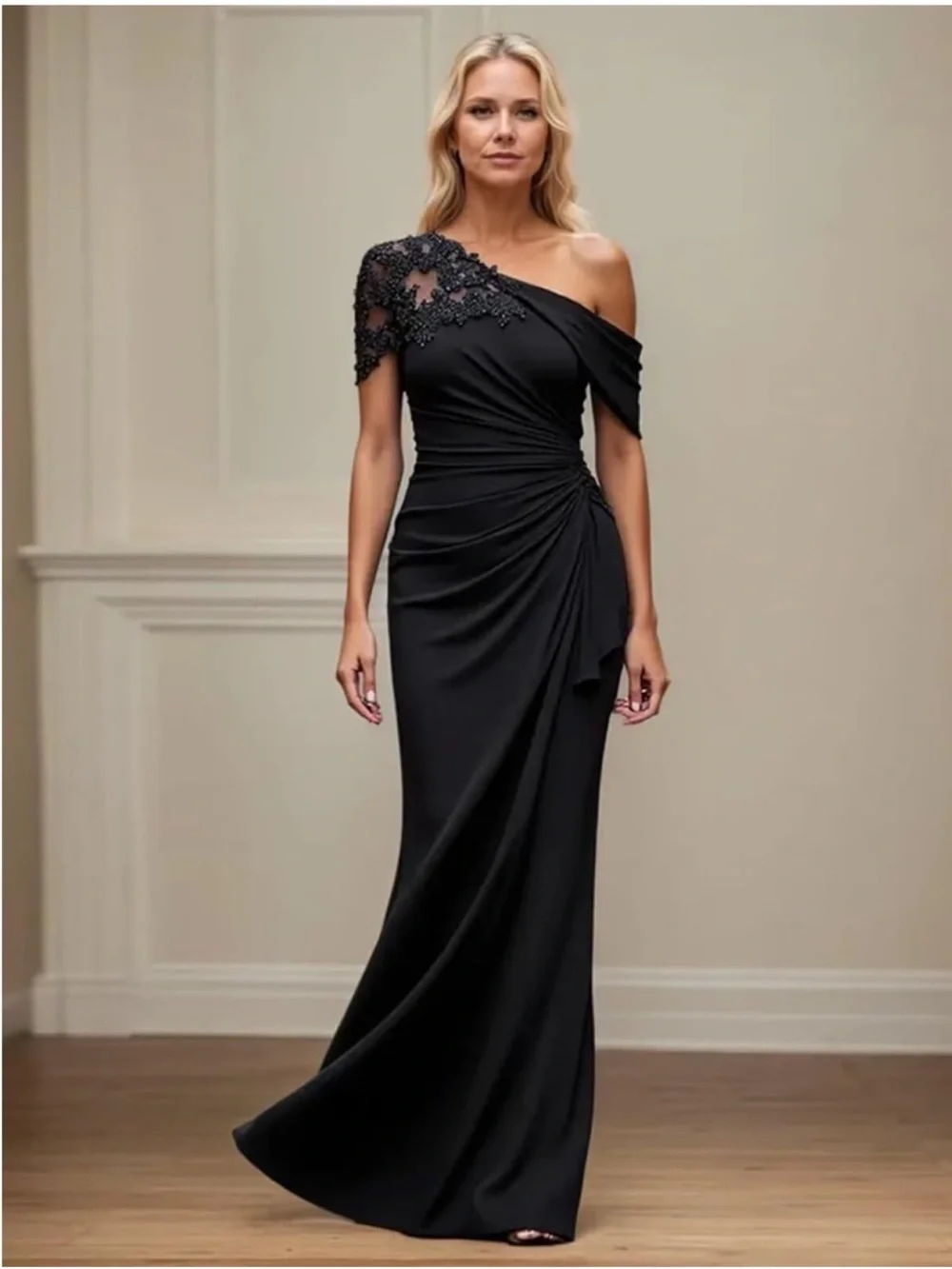 Black Chiffon One Shoulder Gown Corset Lace Back Wedding Guest Formal Dress Sz 4 - Picture 3 of 10